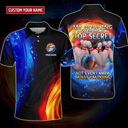 Customized Name Bowling Men Polo Shirt, My Bowling Technique is Top Secret Personalized Bowling Polo Shirt - Gift For Bowling Players Uniforms, Bowling Lovers - Amzanimalsgift