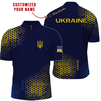 Customized Name Bowling Quarter Zip Jersey, Ukraine Flag Navy And Yellow Blue Theme Shirt