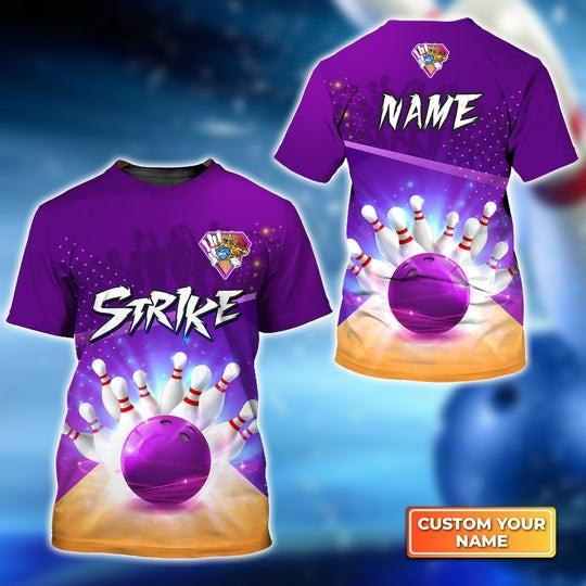 Customized Name Bowling T Shirt, Bowling Strike Pin And Purple Ball Personalized Bowling T Shirt For Men - Gift For Bowling Lovers - Amzanimalsgift