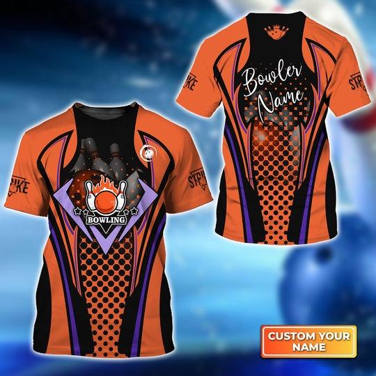 Customized Name Bowling T Shirt, Orange Pattern Personalized Pins and Ball Bowling T Shirt For Men - Gift For Bowling Lovers, Bowlers - Amzanimalsgift