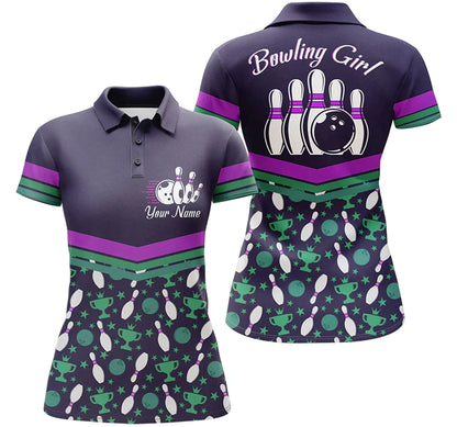 Customized Name Bowling Women Polo Shirt, Bowling Girl Purple Personalized Bowling Polo Shirt - Gift For Wife, Family, Bowling Lovers, Mother's Day - Amzanimalsgift