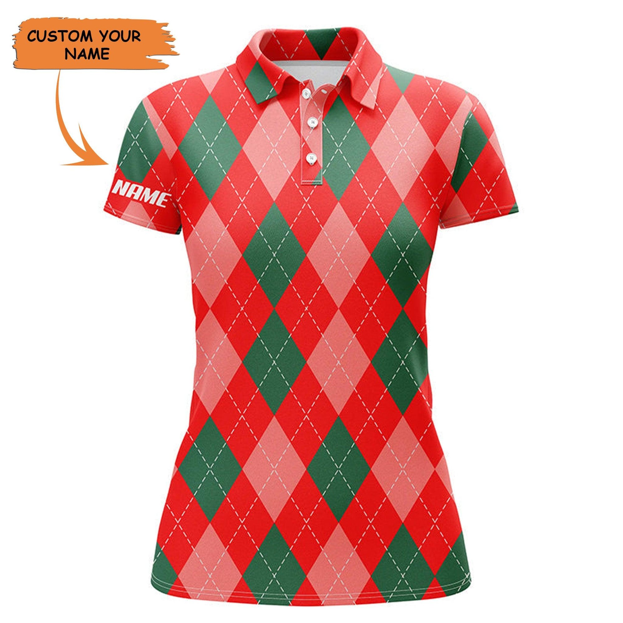 Customized Name Christmas Women Polo Shirts, Personalized Christmas Plaid Argyle Red Pattern Polo Shirts - Perfect Gift For Ladies, Christmas Day - Amzanimalsgift