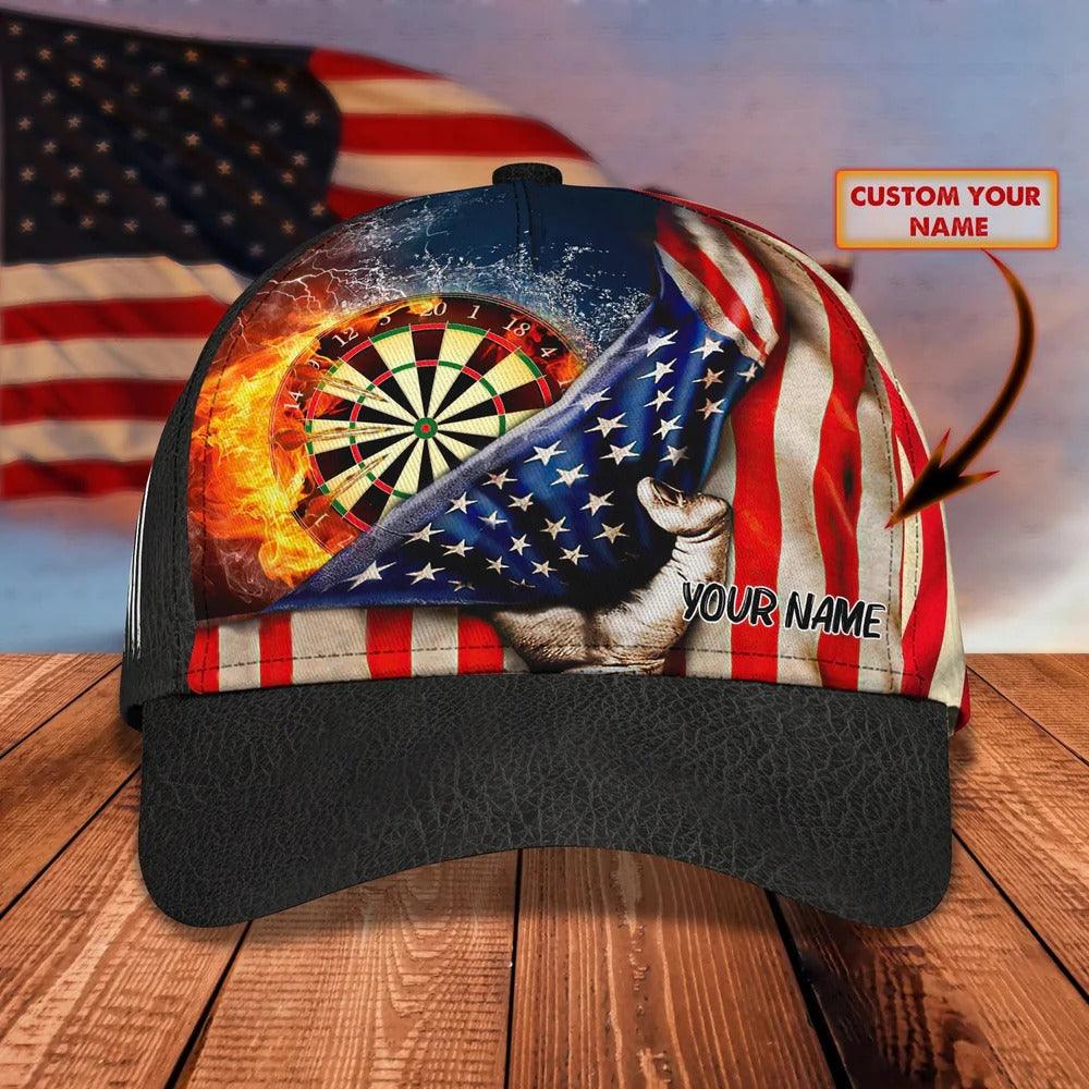 Customized Name Darts Classic Cap, Dartboard Flame American Flag Personalized Dartboard Classic Cap For Men - Perfect Gift For Darts Lovers, Darts Players - Amzanimalsgift