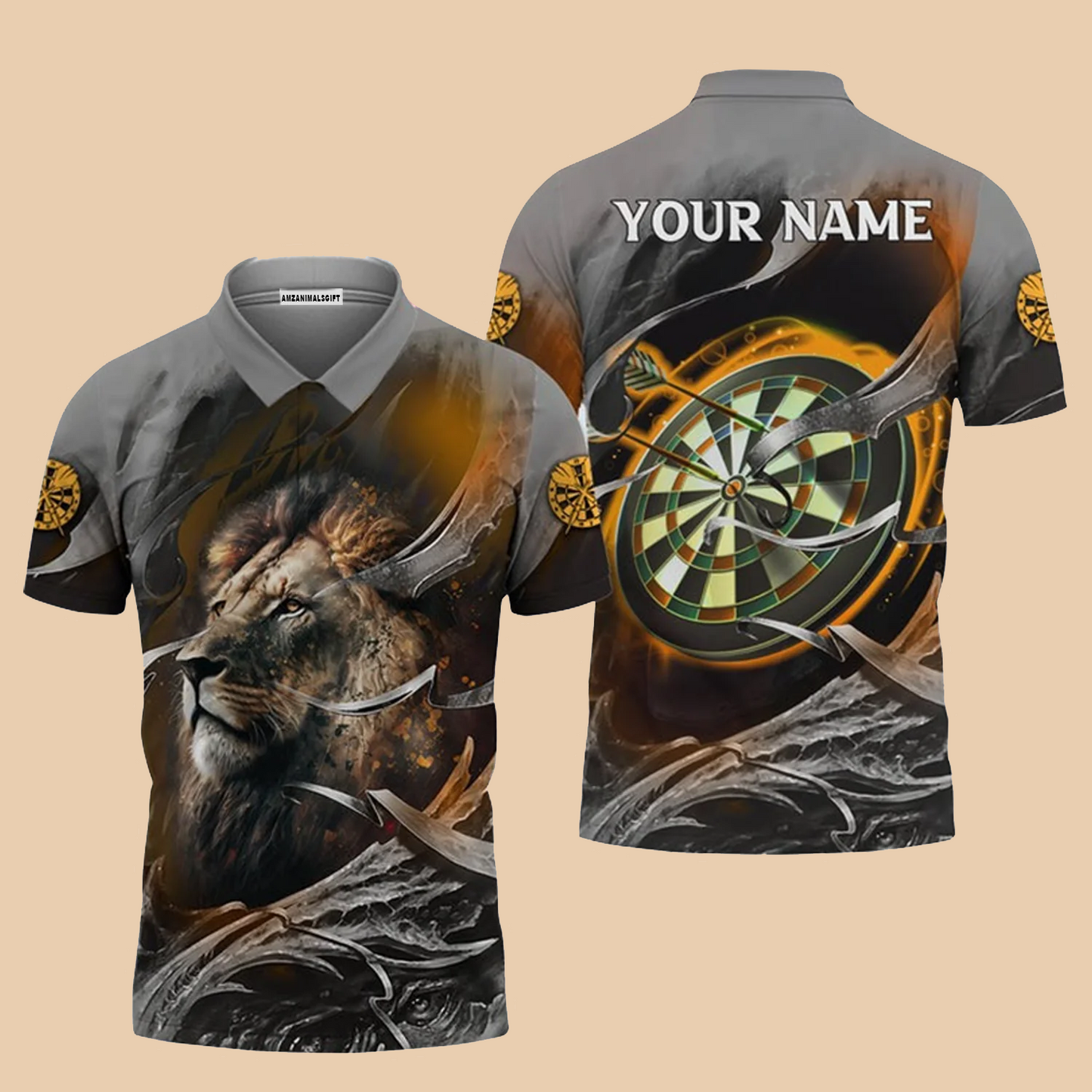 Customized Name Darts Men Polo Shirt, Bullseye Dartboard Personalized Lion And Darts Polo Shirt - Gift For Darts Players, Darts Lovers