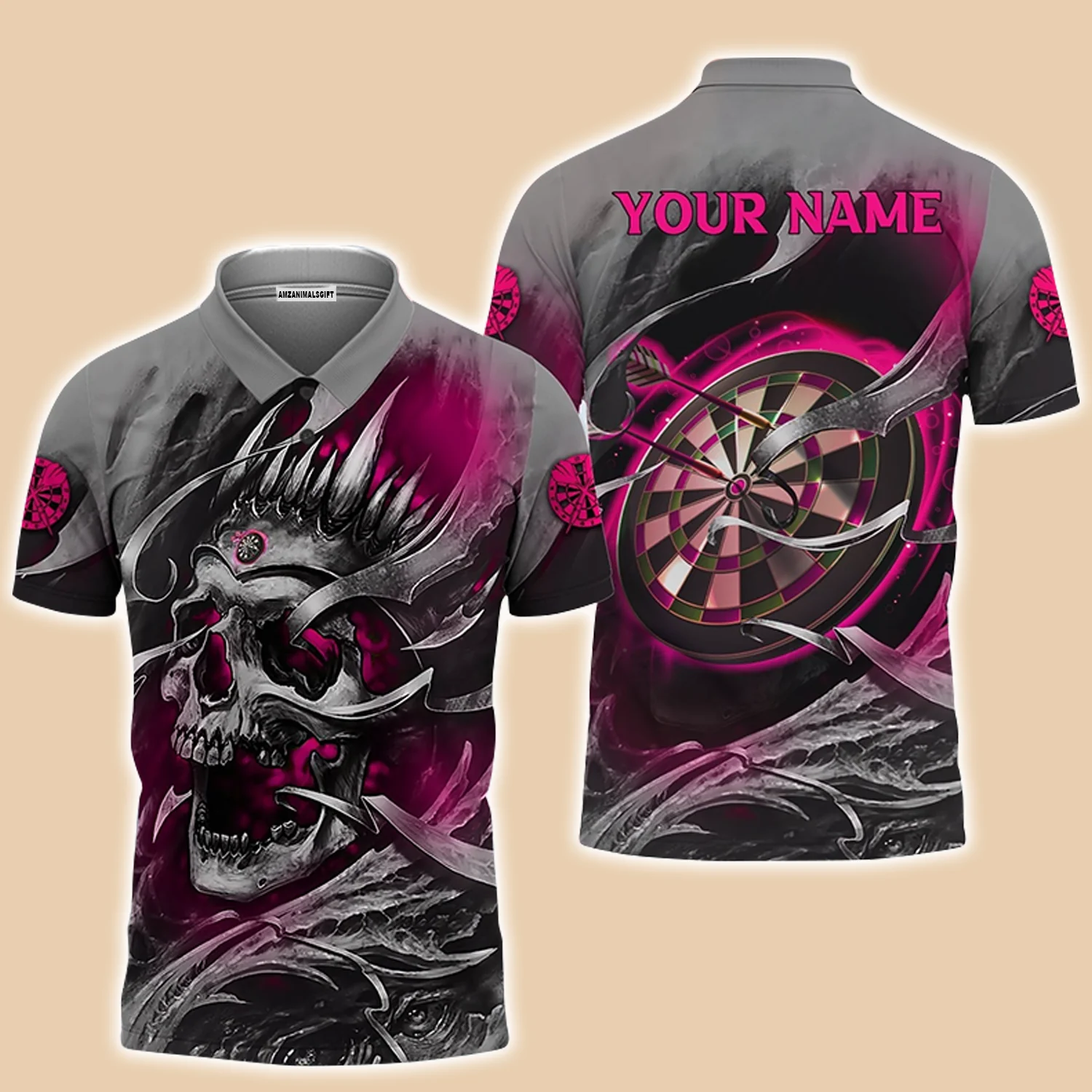 Customized Name Darts Men Polo Shirt, Pink Skull Dartboard Personalized Skull And Darts Polo Shirt - Gift For Darts Players Uniforms, Darts Lovers