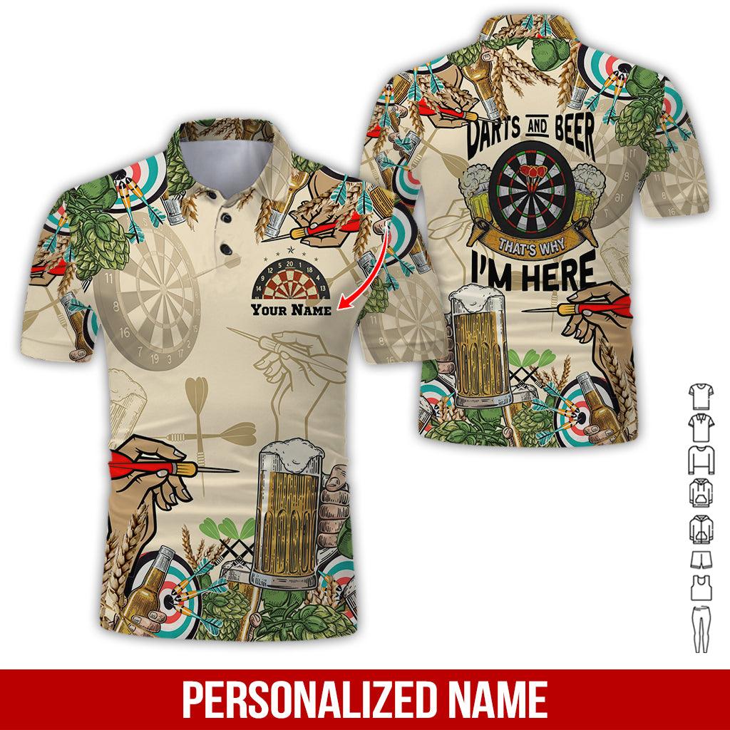 Customized Name Darts Polo Shirt, Personalized Name Darts And Beer I'm Here Polo Shirt For Men - Perfect Gift For Darts Lovers, Darts Players - Amzanimalsgift