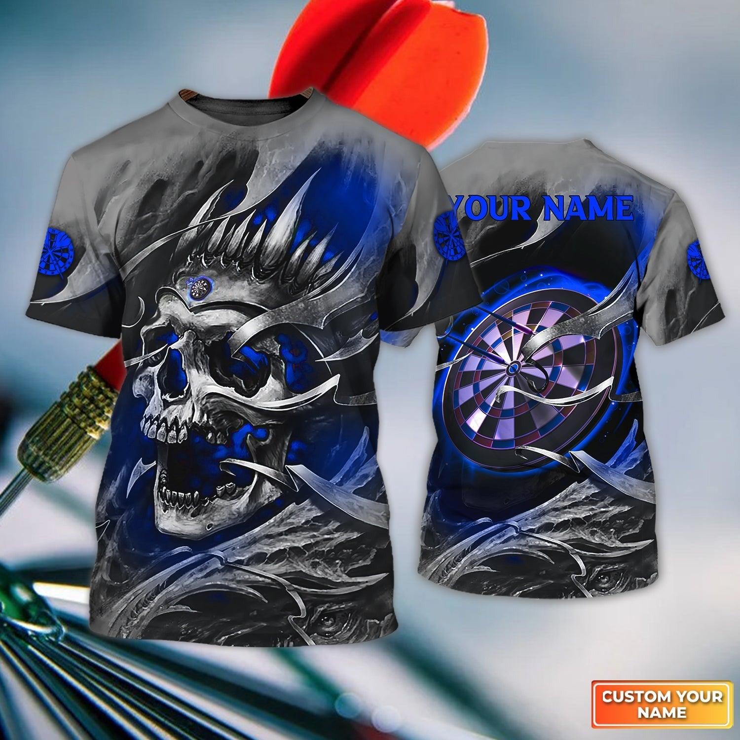 Customized Name Darts T Shirt, Blue Skull Light Dartboard Personalized T Shirt For Men - Gift For Darts Lovers, Darts Player - Amzanimalsgift