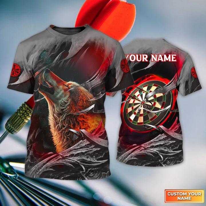 Customized Name Darts T Shirt, Bullseye Dartboard Personalized Flame Wolf And Darts T Shirt For Men - Perfect Gift For Darts Lovers, Darts Players - Amzanimalsgift