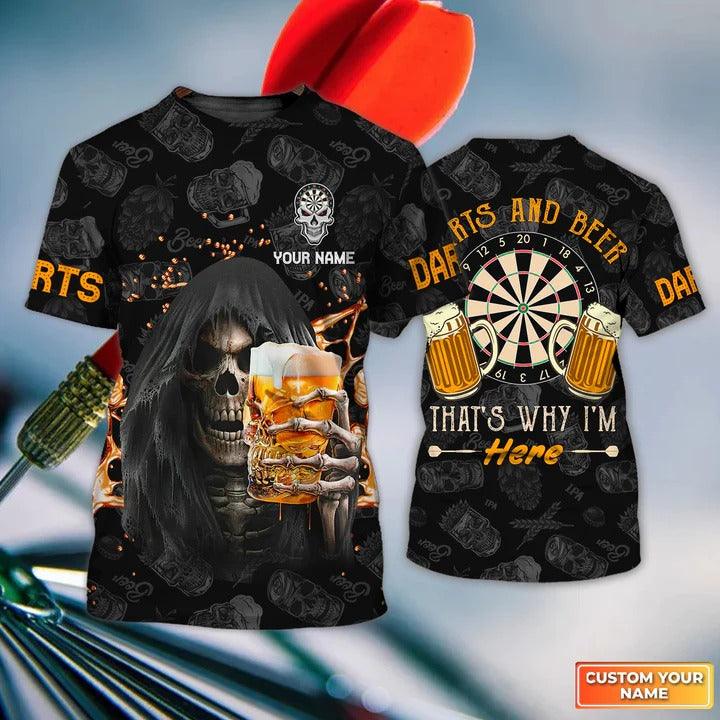 Customized Name Darts T Shirt, Darts And Beer That's Why I'm Here Personalized Skull And Darts T Shirt For Men - Gift For Darts Lovers, Darts Players - Amzanimalsgift