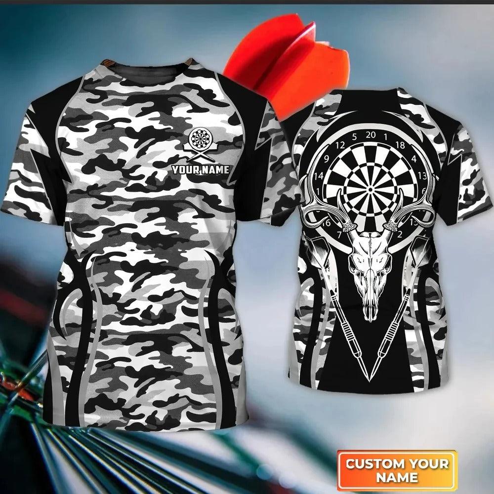 Customized Name Darts T Shirt, Darts and Deer Camo Pattern, Personalized Name T Shirt For Men - Perfect Gift For Darts Game Lovers, Darts Players - Amzanimalsgift