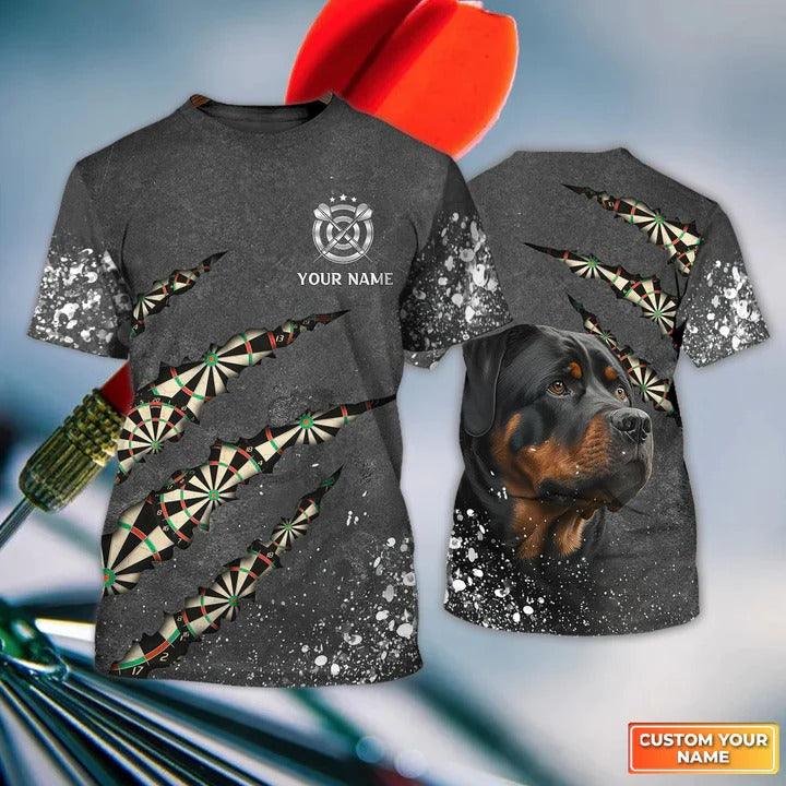 Customized Name Darts T Shirt, Darts Paint Splash Personalized Name Rottweiler And Darts T Shirt For Men - Perfect Gift For Darts Lovers, Darts Players - Amzanimalsgift