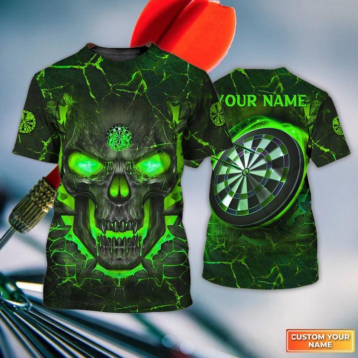 Customized Name Darts T Shirt, Flame Green Skull Dartboard Personalized T Shirt For Men - Gift For Darts Lovers, Darts Player, Dart Team - Amzanimalsgift