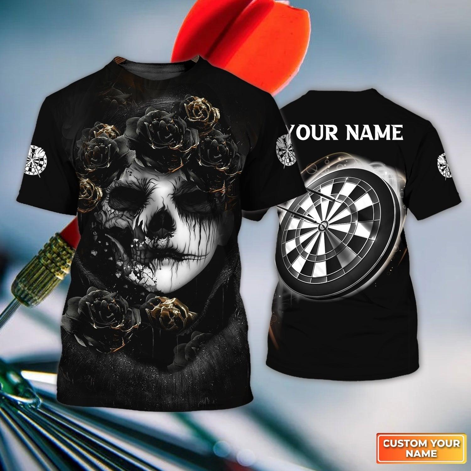 Customized Name Darts T Shirt, Flower Skull Girl And Dartboard Personalized T Shirt - Gift For Darts Lovers, Darts Player, Dart Team - Amzanimalsgift