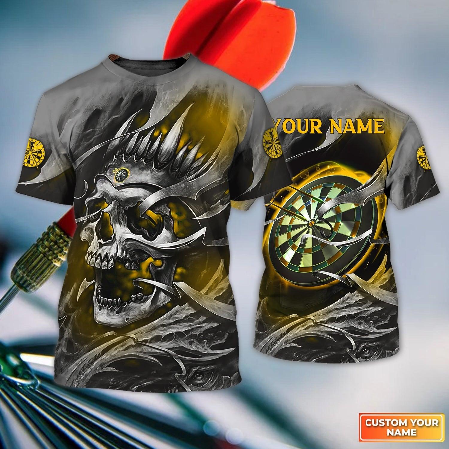 Customized Name Darts T Shirt, Gold Skull Light Dartboard Personalized T Shirt For Men - Gift For Darts Lovers, Darts Player - Amzanimalsgift