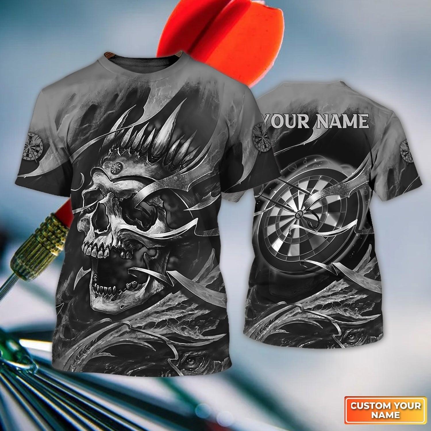 Customized Name Darts T Shirt, Gray Skull Light Dartboard Personalized T Shirt For Men - Gift For Darts Lovers, Darts Player - Amzanimalsgift