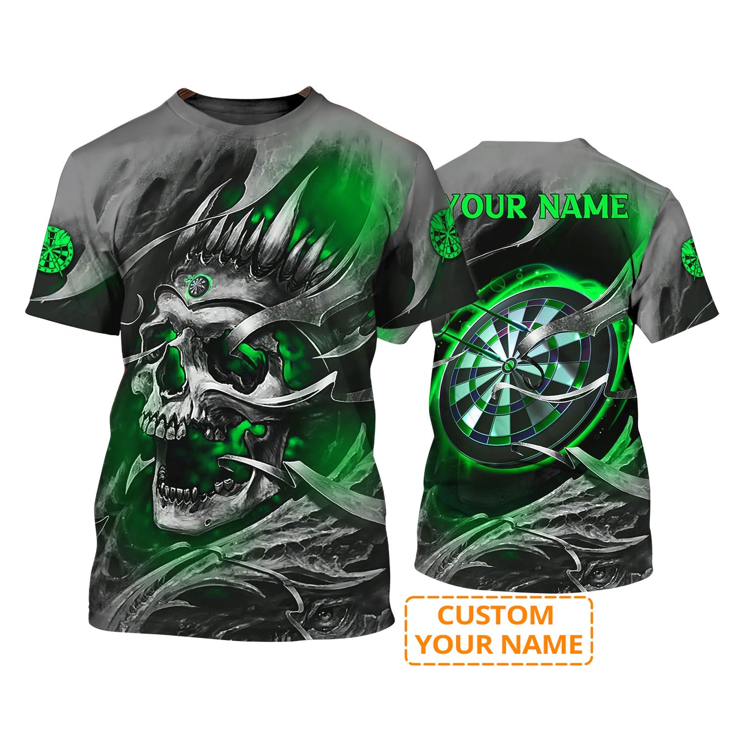 Customized Name Darts T Shirt, Green Skull Dartboard Personalized Name Darts T Shirt For Men - Gift For Darts Lovers, Darts Team Players