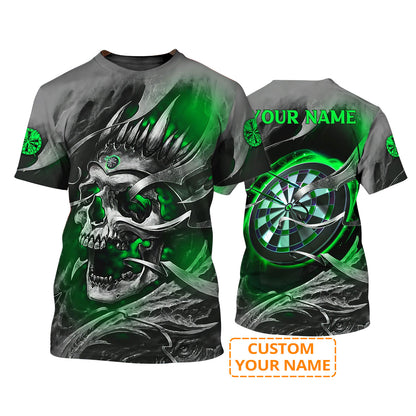 Customized Name Darts T Shirt, Green Skull Dartboard Personalized Name Darts T Shirt For Men - Gift For Darts Lovers, Darts Team Players