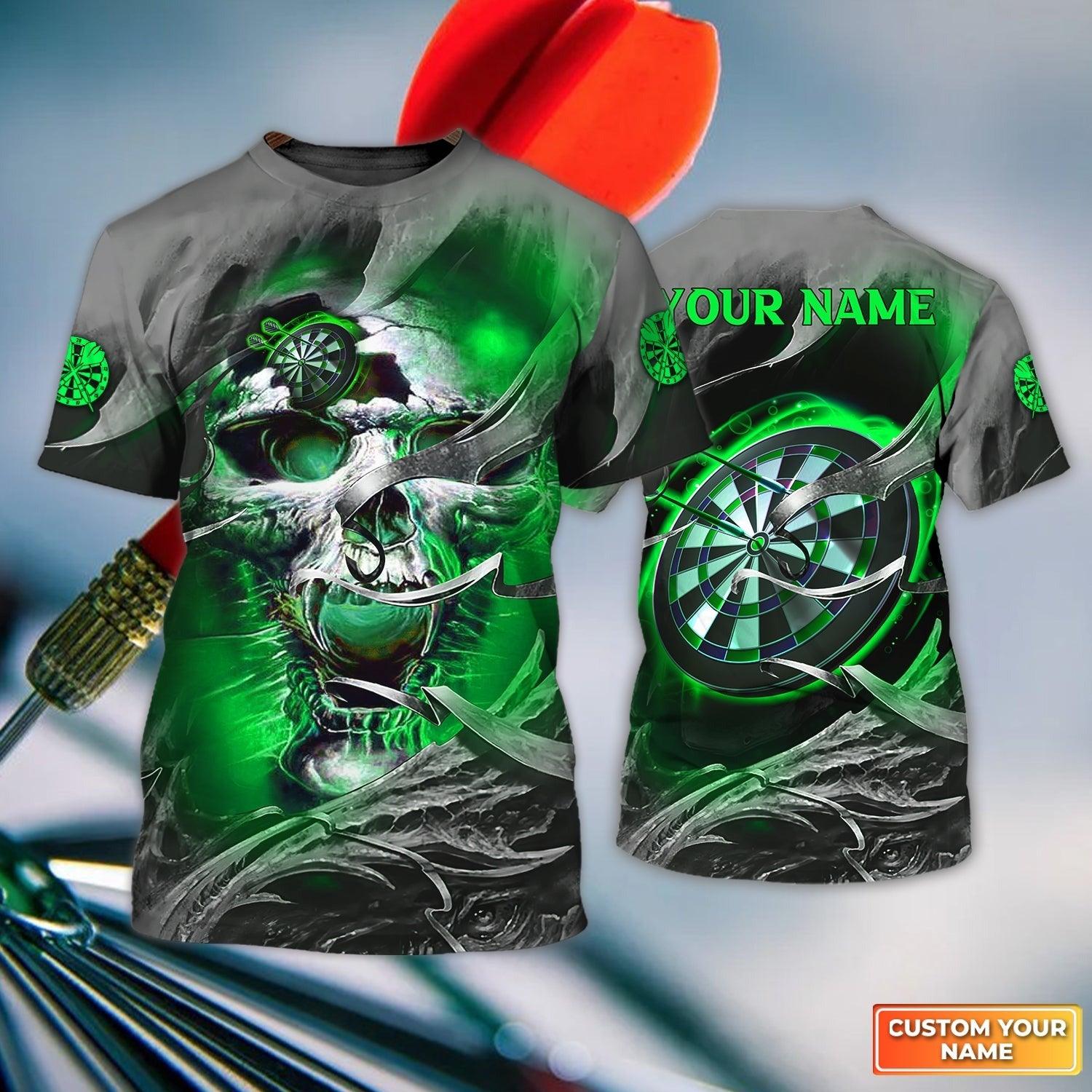 Customized Name Darts T Shirt, Green Skull Light Dartboard Personalized T Shirt For Men - Gift For Darts Lovers, Darts Player, Dart Team - Amzanimalsgift