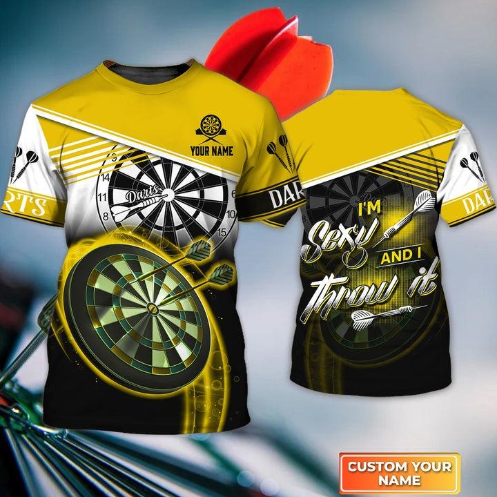 Customized Name Darts T Shirt, I'm Sexy And I Throw It Personalized Yellow Darts T Shirt For Men - Gift For Darts Lovers, Darts Player, Dart Team - Amzanimalsgift