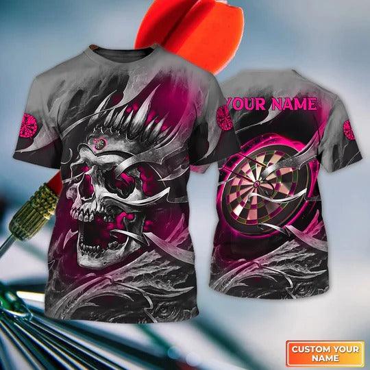 Customized Name Darts T Shirt, Pink Skull Dartboard Personalized Name Skull And Darts T Shirt For Men - Gift For Darts Lovers, Darts Team Players - Amzanimalsgift