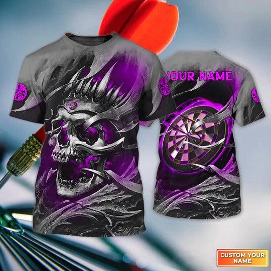 Customized Name Darts T Shirt, Purple Skull Dartboard Personalized Name Skull And Darts T Shirt For Men - Gift For Darts Lovers, Darts Team Players - Amzanimalsgift