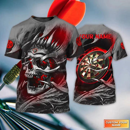 Customized Name Darts T Shirt, Red Skull Dartboard Personalized Name Skull And Darts T Shirt For Men - Gift For Darts Lovers, Darts Team Players - Amzanimalsgift