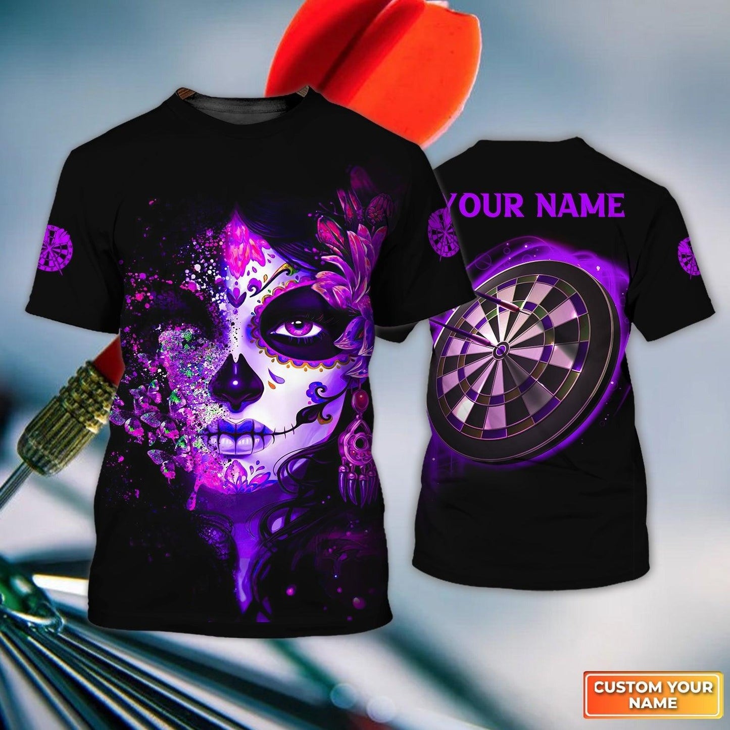 Customized Name Darts T Shirt, Sugar Skull Girl Butterfly And Darts Personalized T Shirt For Men - Gift For Darts Lovers, Darts Player, Dart Team - Amzanimalsgift