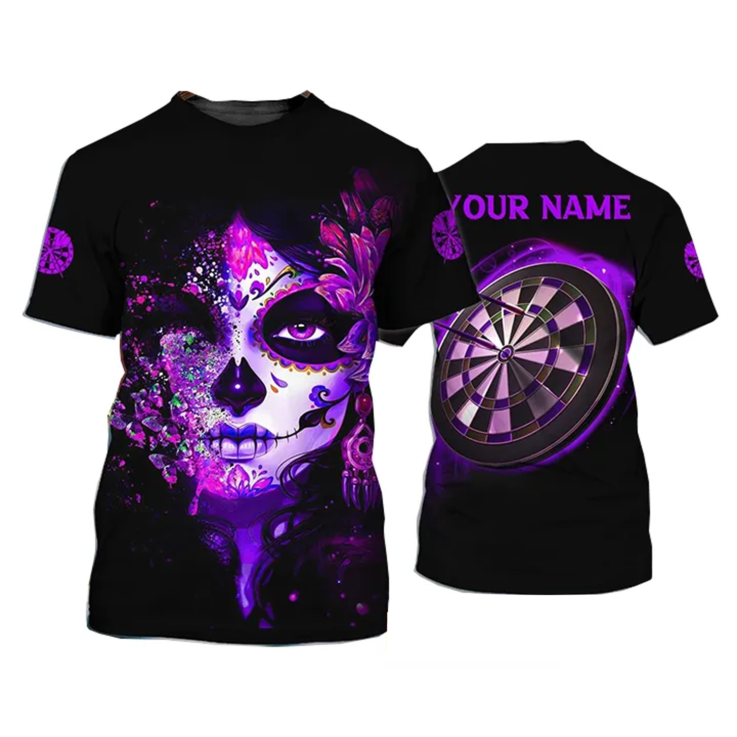 Customized Name Darts T Shirt, Sugar Skull Girl Butterfly And Darts Personalized T Shirt For Men - Gift For Darts Lovers, Darts Player, Dart Team