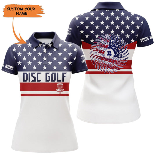 Customized Name Disc Golf Women Polo Shirts, American Flag Patriot, Personalized Polo Shirt For Ladies - Perfect Polo Shirt For Disc Golf Lovers - Amzanimalsgift