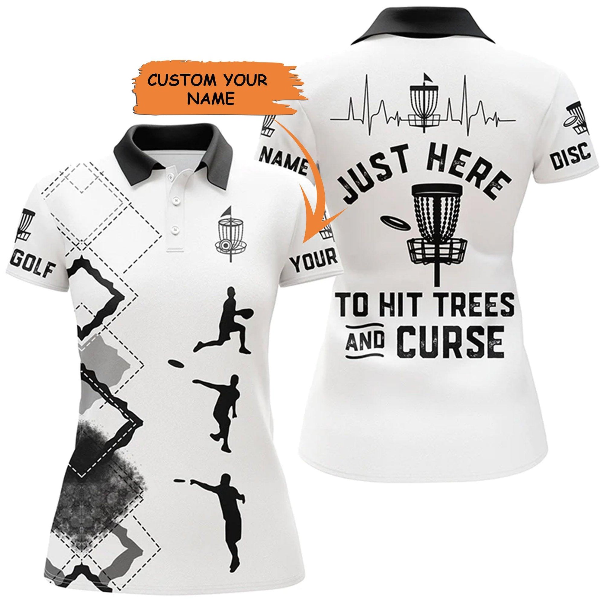 Customized Name Disc Golf Women Polo Shirts, Black White Disc Golf Shirts, Personalized Trees And Curse - Perfect Gift For Ladies, Disc Golf Lovers - Amzanimalsgift