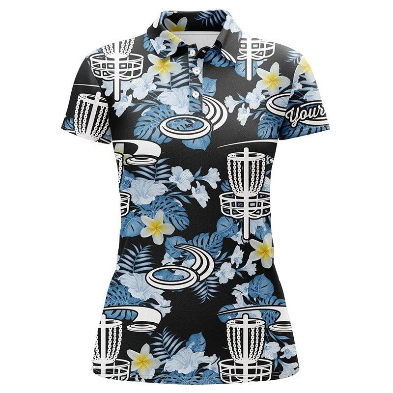 Customized Name Disc Golf Women Polo Shirts, Disc Golf Hole Basket Blue Leaf Flower Pattern Golf Shirt - Perfect Gift For Ladies, Disc Golf Lovers - Amzanimalsgift