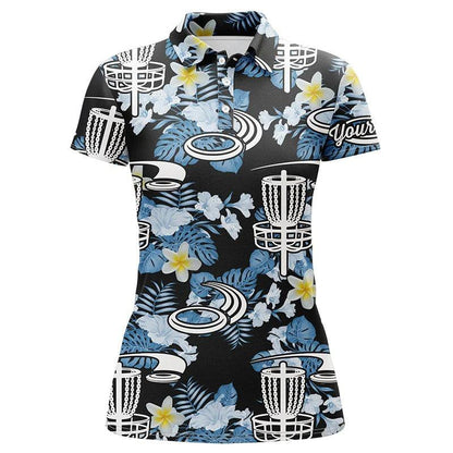 Customized Name Disc Golf Women Polo Shirts, Disc Golf Hole Basket Blue Leaf Flower Pattern Golf Shirt - Perfect Gift For Ladies, Disc Golf Lovers - Amzanimalsgift