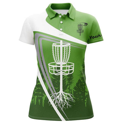 Customized Name Disc Golf Women Polo Shirts, Personalized Name Green Disc Golf Basket Polo Shirt For Women - Perfect Gift For Ladies, Disc Golf Lovers - Amzanimalsgift