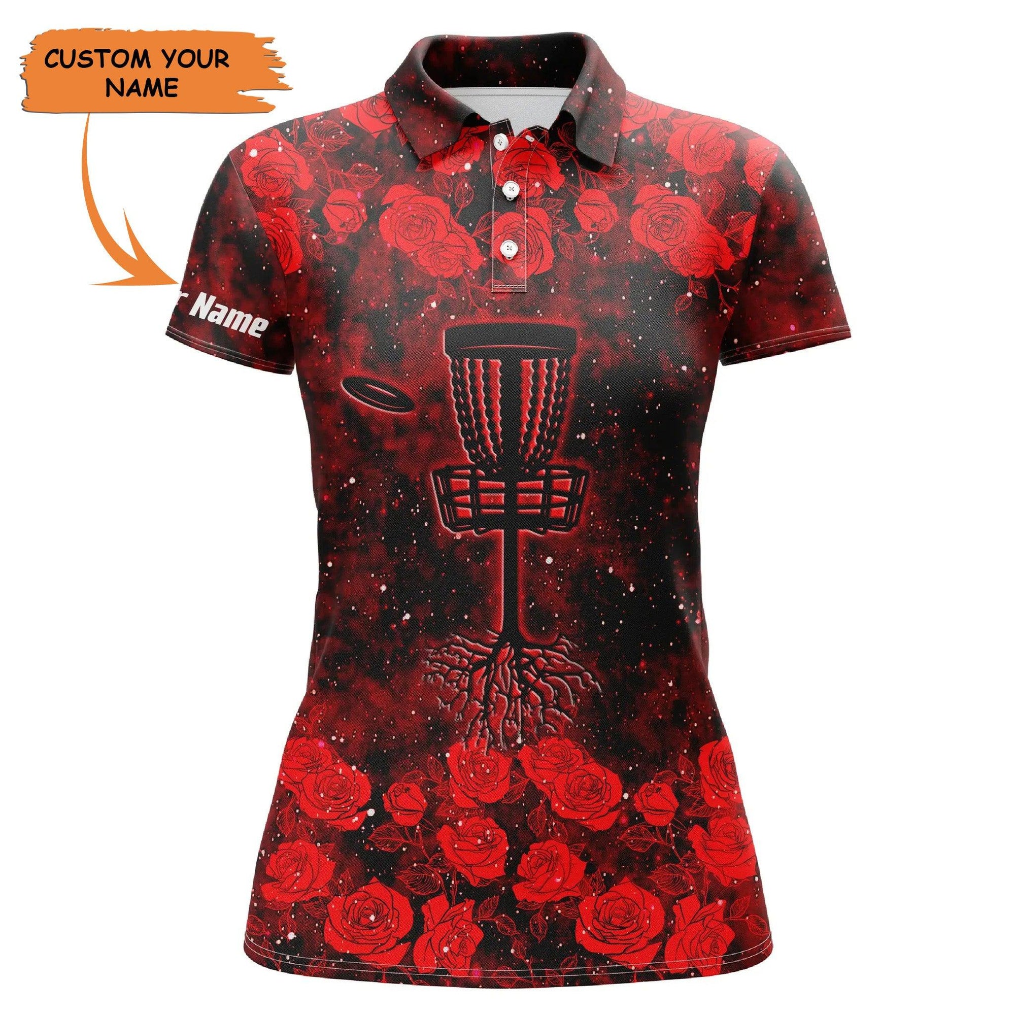 Customized Name Disc Golf Women Polo Shirts, Personalized Red Roses Pattern Disc Golf Basket Polo Shirts - Perfect Gift For Ladies, Disc Golf Lovers - Amzanimalsgift