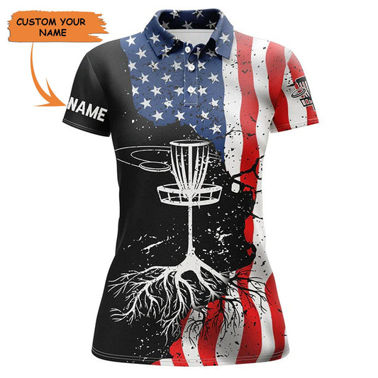 Customized Name Disc Golf Women Polo Shirts, Vintage American Flag Patriotic Performance Polo Shirts - Perfect Gift For Ladies, Disc Golf Lovers - Amzanimalsgift