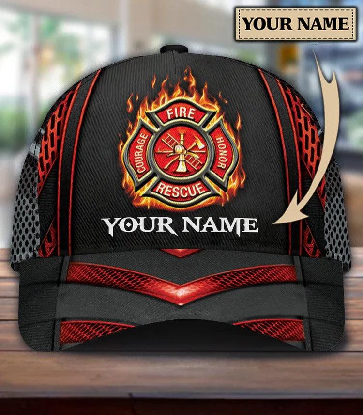 Customized Name Firefighter Classic Cap, Personalized Logo Firefighter With Flame Classic Cap For Men - Perfect Gift For Firefighter, Family, Friends - Amzanimalsgift