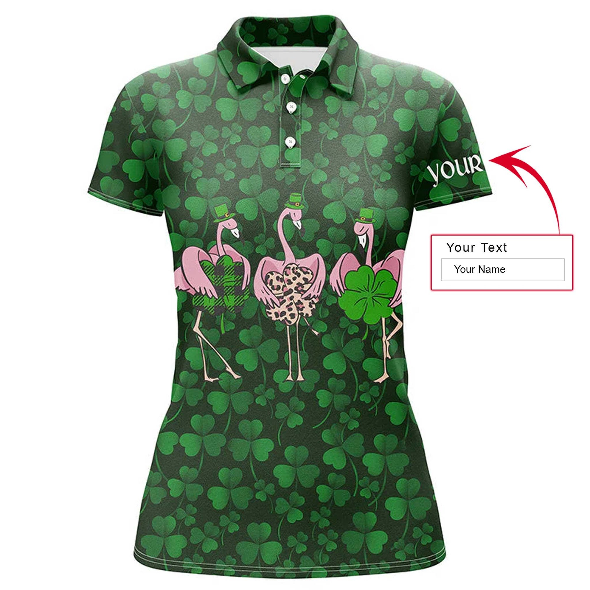 Customized Name Flamingo Women Polo Shirt, Funny Flamingo Green Clover St Patrick Day Background Personalized Women Polo Shirts, Gift For Ladies - Amzanimalsgift