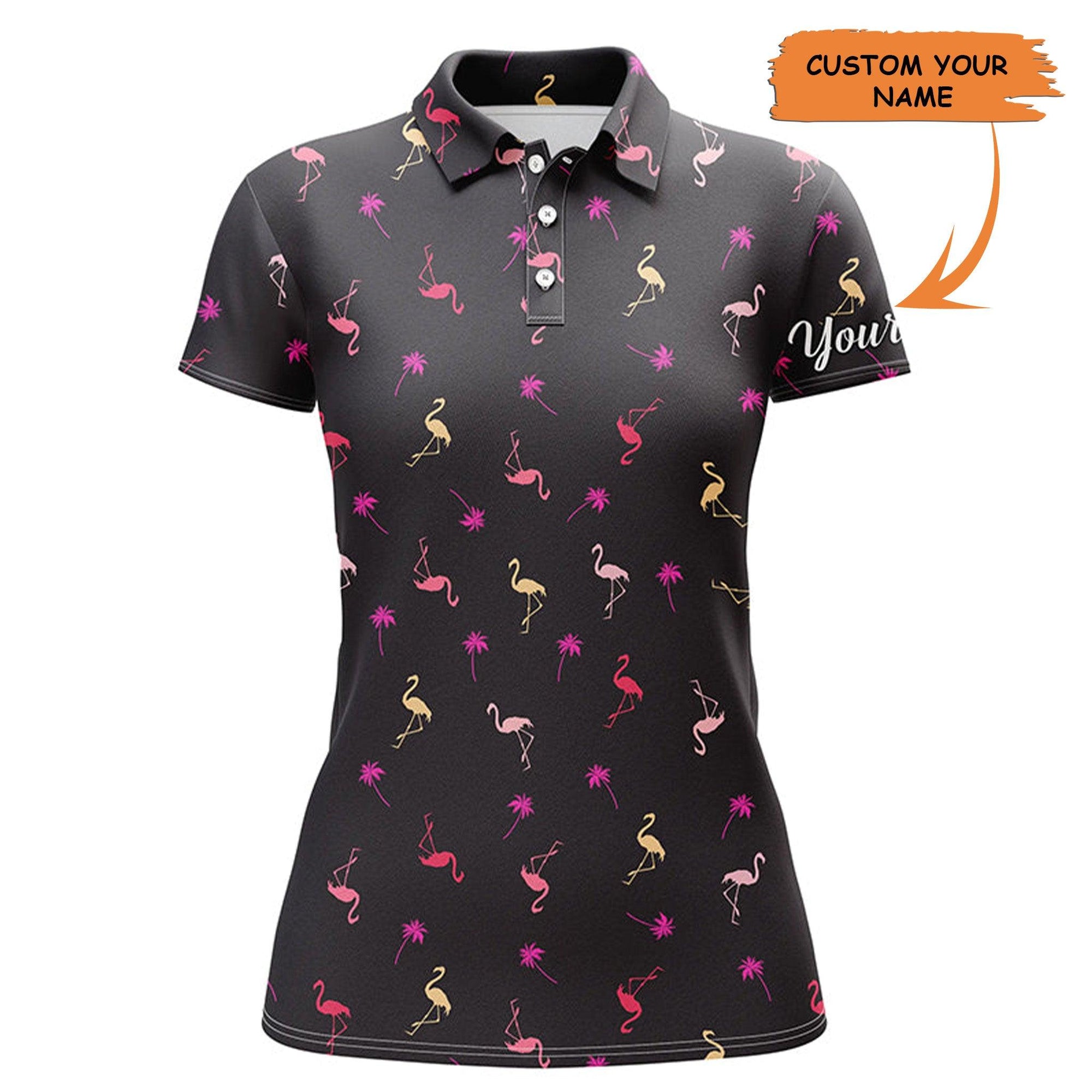Customized Name Flamingo Women Polo Shirts, Personalized Neon Pink Flamingos Palm Pattern Polo Shirts - Perfect Gift For Ladies, Flamingo Lovers - Amzanimalsgift