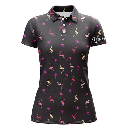 Customized Name Flamingo Women Polo Shirts, Personalized Neon Pink Flamingos Palm Pattern Polo Shirts - Perfect Gift For Ladies, Flamingo Lovers - Amzanimalsgift