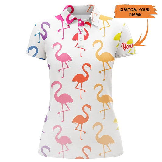 Customized Name Golf Women Polo Shirt, Personalized Rainbow Flamingo Pattern Golf Shirts - Perfect Gift For Ladies, Golf Lovers, Golfers - Amzanimalsgift