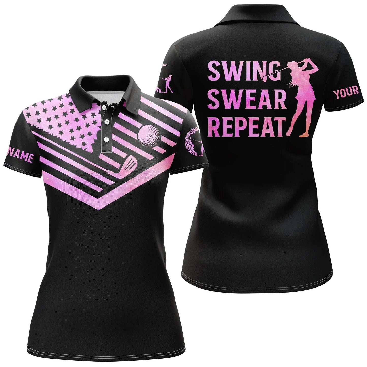 Customized Name Golf Women Polo Shirt, Purple Watercolor American Flag Personalized Swing Swear Repeat - Perfect Gift For Ladies, Golf Lovers, Golfers - Amzanimalsgift