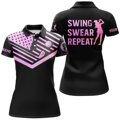 Customized Name Golf Women Polo Shirt, Purple Watercolor American Flag Personalized Swing Swear Repeat - Perfect Gift For Ladies, Golf Lovers, Golfers - Amzanimalsgift