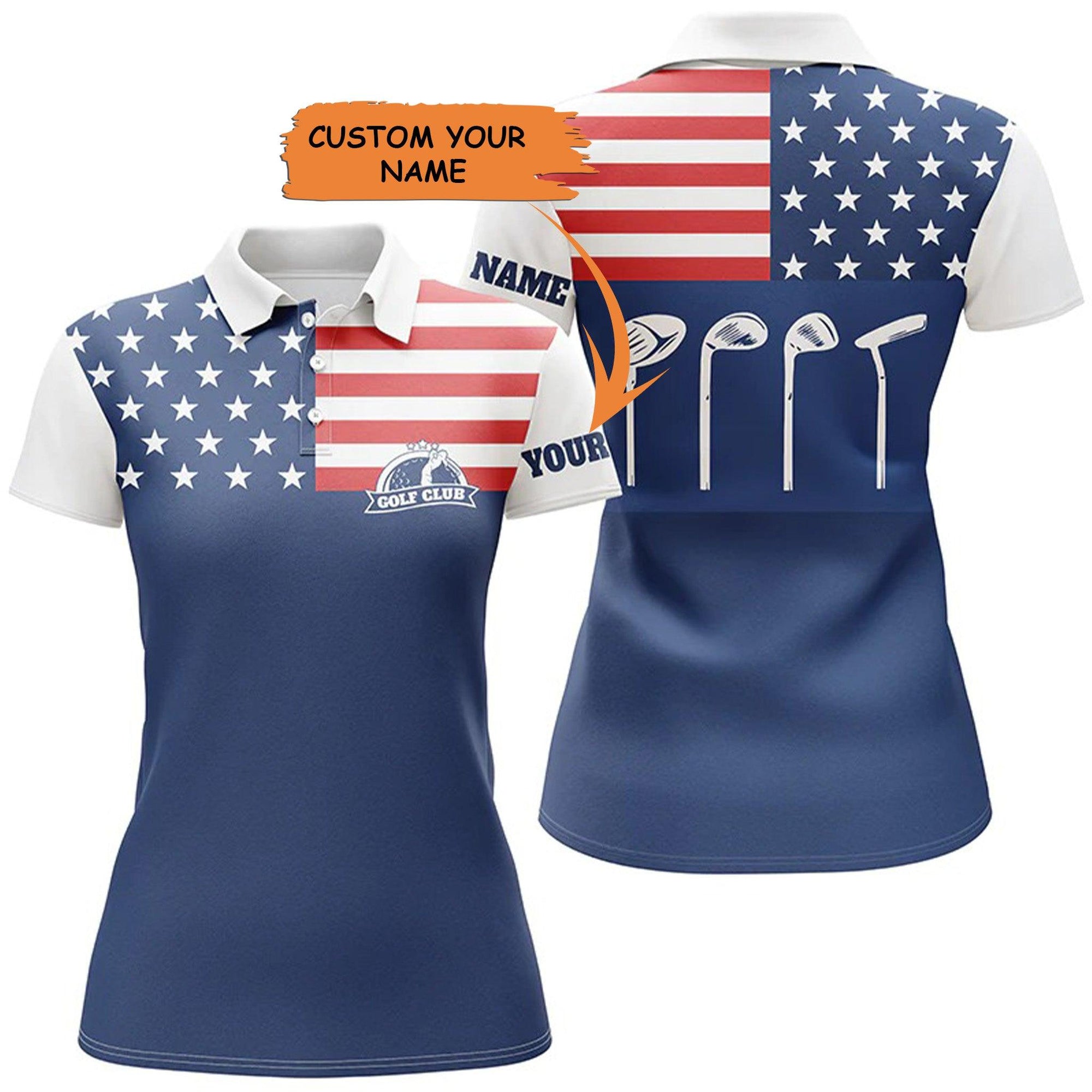 Customized Name Golf Women Polo Shirts, American Flag Patriot Personalized Blue Golf Shirts For Women - Perfect Gift For Ladies, Golf Lovers, Golfers - Amzanimalsgift