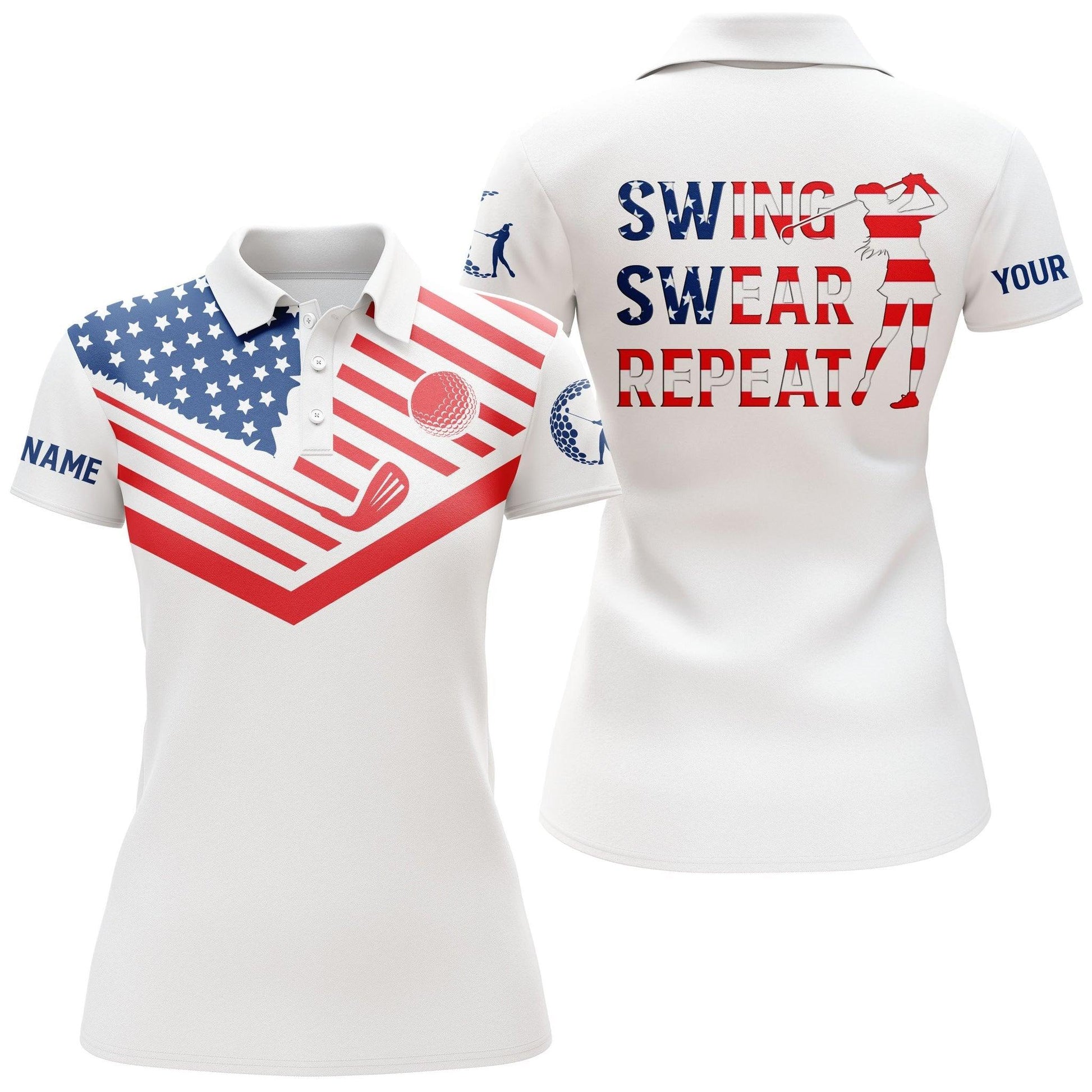 Customized Name Golf Women Polo Shirts, American Flag Patriot, Personalized Swing Swear Repeat For Ladies - Perfect Gift For Golfers, Golf Lovers - Amzanimalsgift