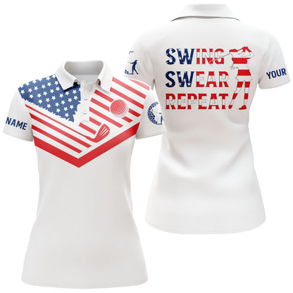 Customized Name Golf Women Polo Shirts, American Flag Patriot, Personalized Swing Swear Repeat For Ladies - Perfect Gift For Golfers, Golf Lovers - Amzanimalsgift