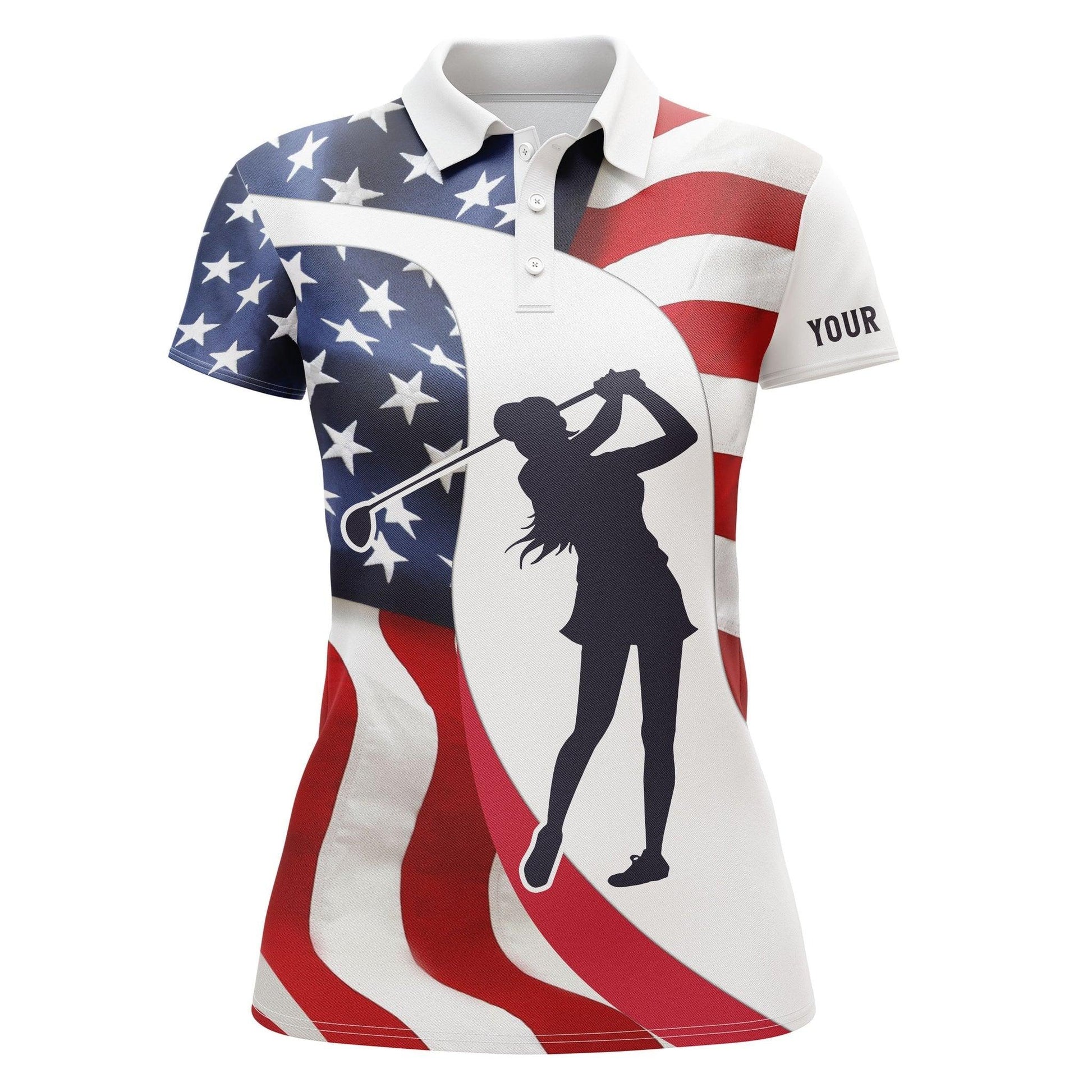 Customized Name Golf Women Polo Shirts, American Flag Patriotic 4th July Personalized Ladies Golf Polo Shirts - Perfect Gift For Golfers, Golf Lovers - Amzanimalsgift
