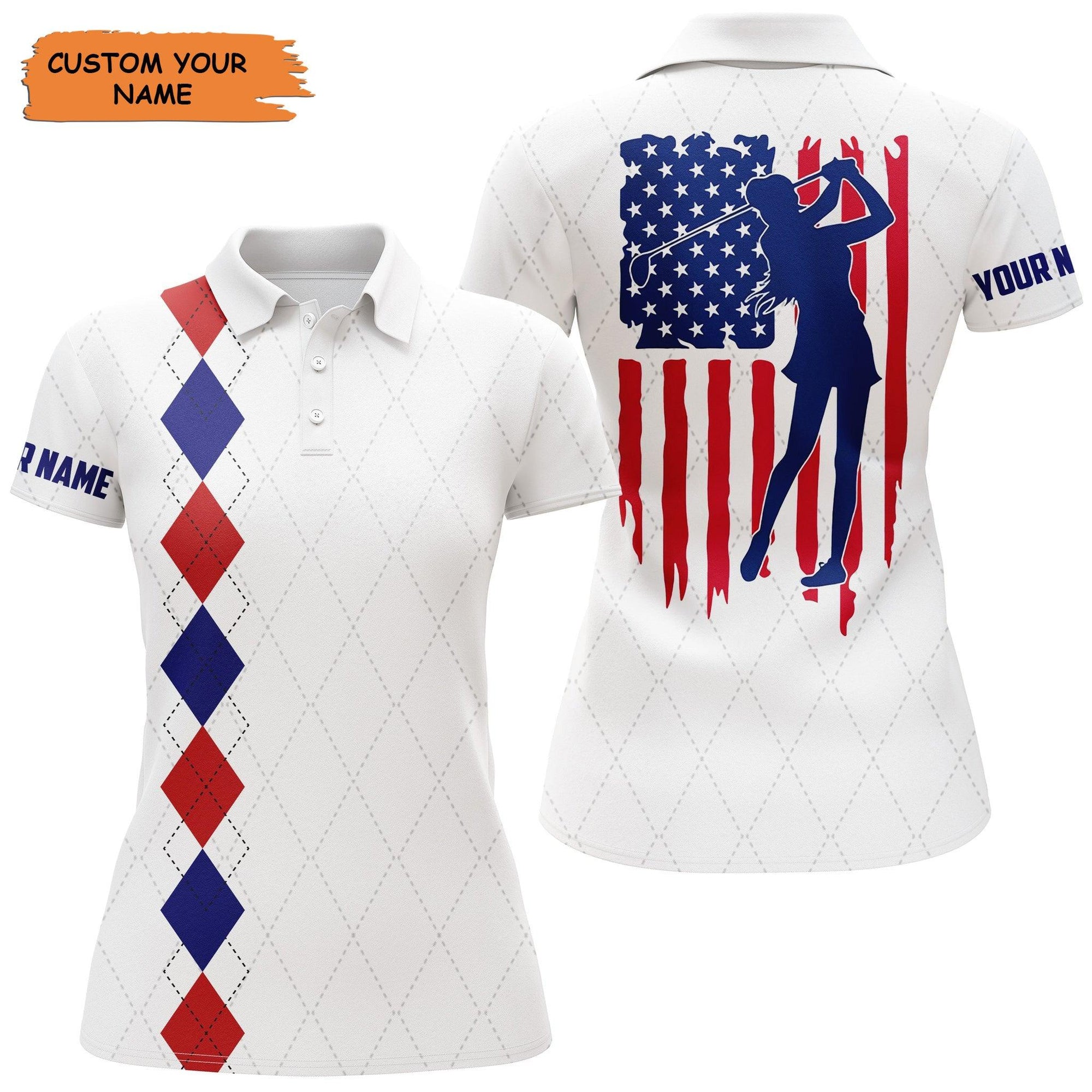 Customized Name Golf Women Polo Shirts, American Flag Patriotic, Personalized Ladies Golf Polo Shirts - Perfect Gift For Golfers, Golf Lovers - Amzanimalsgift