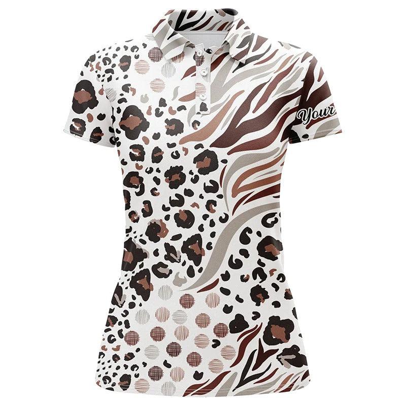 Customized Name Golf Women Polo Shirts, Animal Mix Leopard Skin Pattern Personalized White Golf Shirts - Perfect Gift For Ladies, Golfers, Golf Lovers - Amzanimalsgift