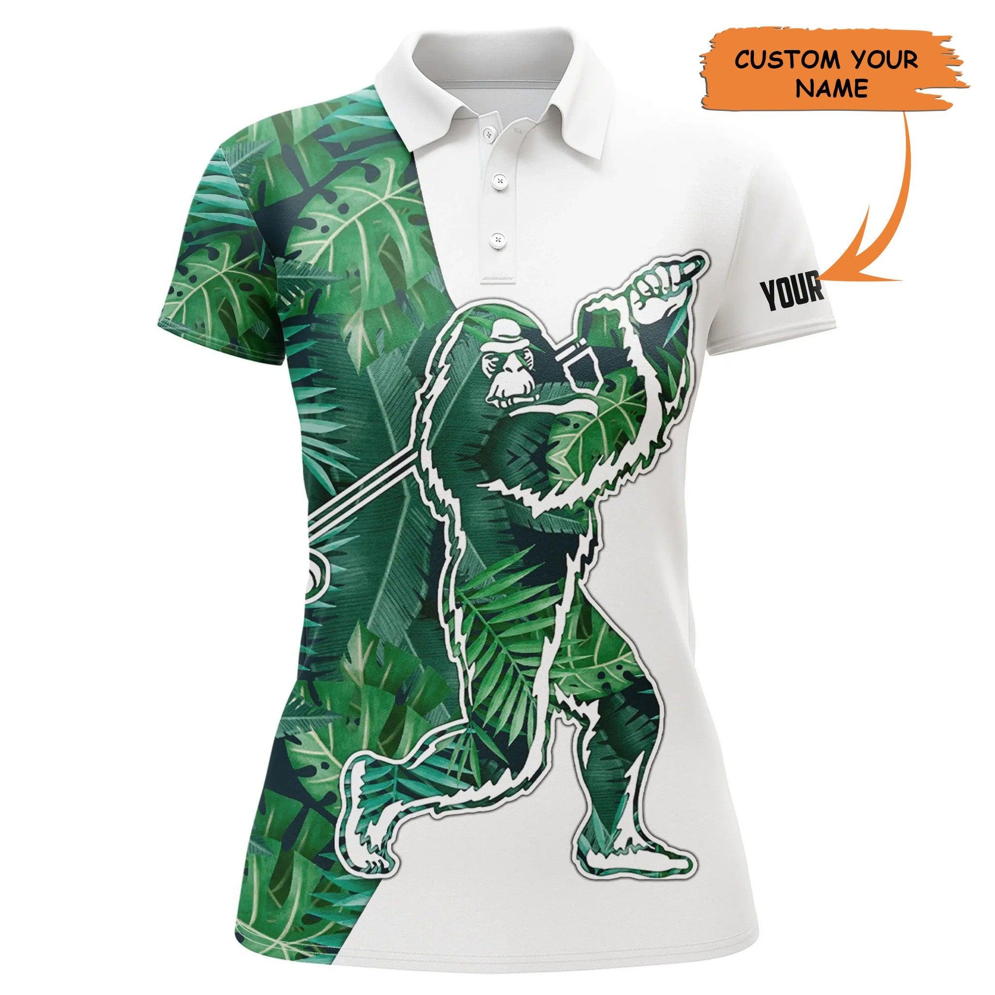 Customized Name Golf Women Polo Shirts, Bigfoot, Personalized Tropical Leaves Pattern Polo Shirts - Perfect Gift For Ladies, Golfers, Golf Lovers - Amzanimalsgift