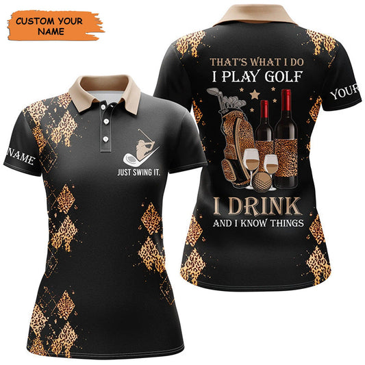 Customized Name Golf Women Polo Shirts, Black Leopard Personalized Golf And Wine That's What I Do Shirt - Perfect Gift For Ladies, Golf Lovers, Golfers - Amzanimalsgift